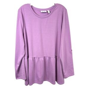 Denim & Co Plus Size‎ 1X Top Peplum Solid Purple Long Sleeve Mature Office 1790